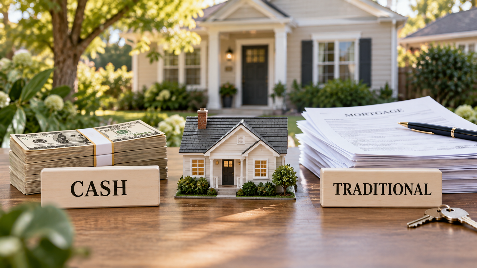 Cash, mortgage paperwork, and a house model comparing a cash sale with a traditional home sale