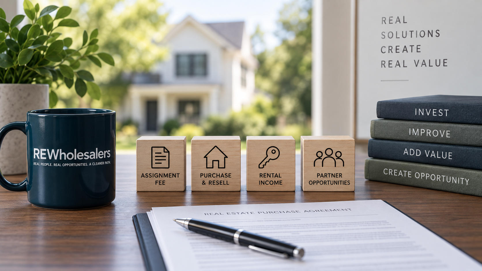 REWholesalers-branded mug, real estate purchase agreement, and labeled blocks showing assignment fees, purchase and resale, rental income, and partner opportunities as examples of how the business may earn revenue.