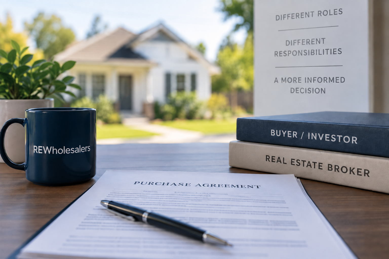 REWholesalers-branded mug beside a purchase agreement and books labeled buyer/investor and real estate broker, illustrating the difference between a direct buyer and a seller’s representative.