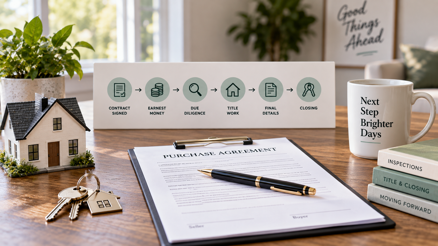 Purchase agreement, house keys, and a real estate transaction timeline showing the steps from contract signing through closing