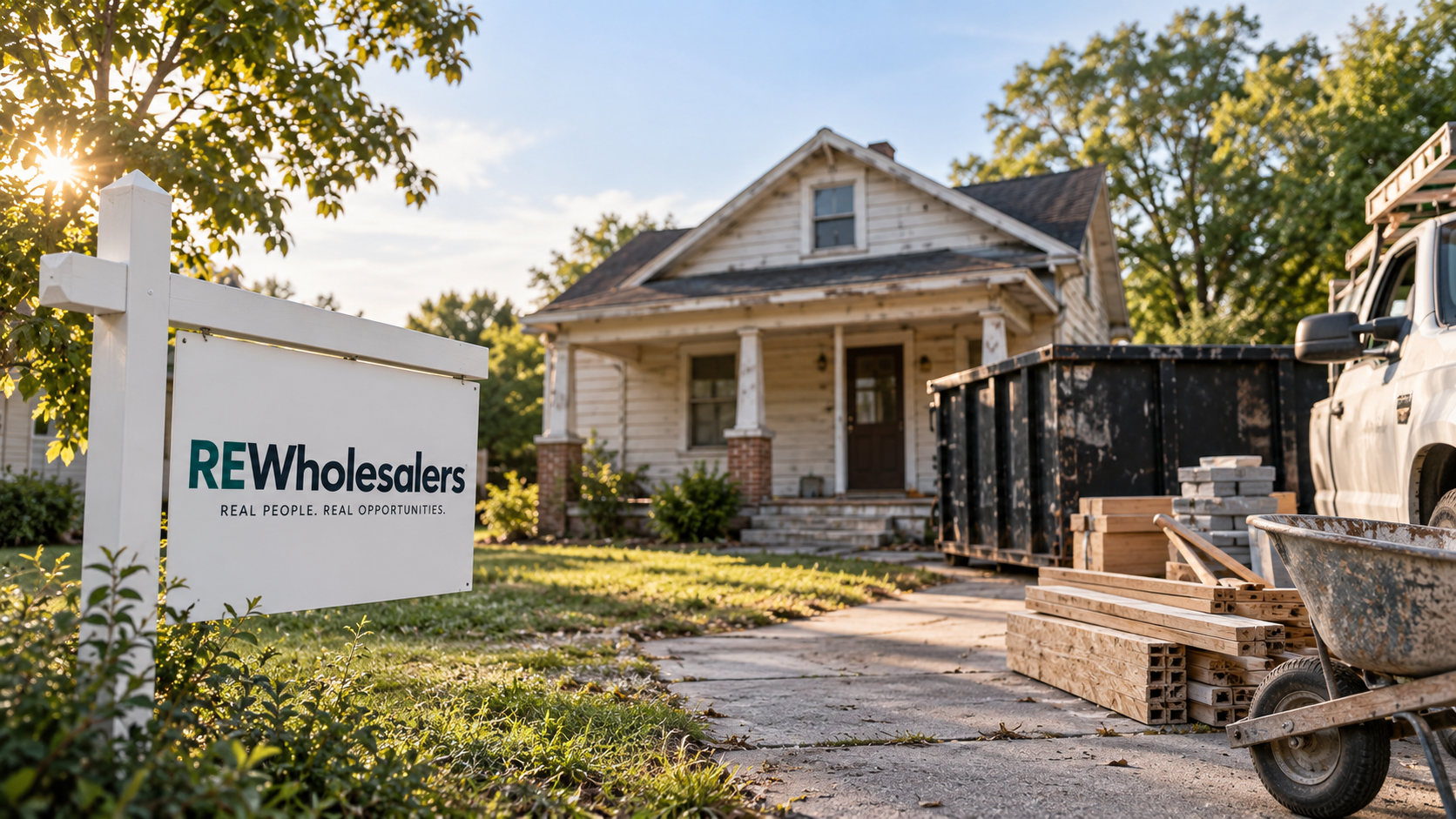 REWholesalers yard sign in front of a fixer-upper home with renovation materials, dumpster, and contractor truck, illustrating a property REWholesalers may purchase directly and improve after closing.